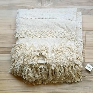 Anthropologie Indira Cream Textured Throw Blanket with Fringe